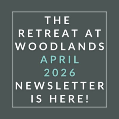 The image announces the availability of the Retreat at Woodlands April 2026 Newsletter.
