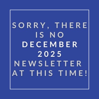 A blue square with white text apologizing for the absence of a December 2025 newsletter.