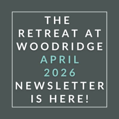 The image announces the availability of the Retreat at Woodridge April 2026 newsletter.