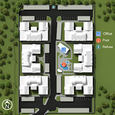 A map shows the layout of an apartment complex with symbols indicating the locations of offices, pools, and refuse areas.