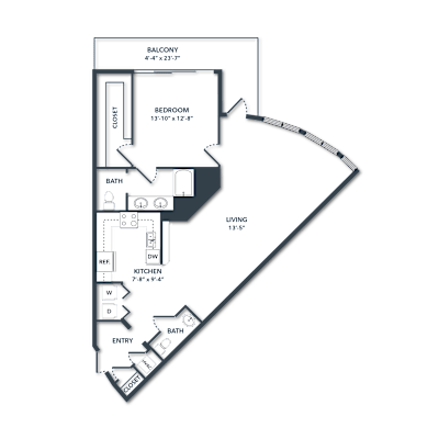 A floor plan of a house with a bedroom, living room, kitchen, and bathroom.