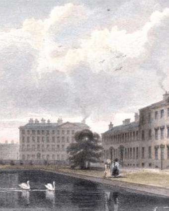 a painting of a city with buildings and swans in a pond