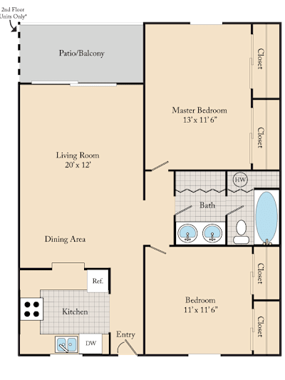 A floor plan of a house with a bedroom, living room, kitchen, and bathroom.