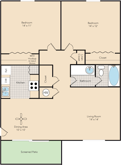A floor plan of a house with a bedroom, living room, kitchen, and bathroom.