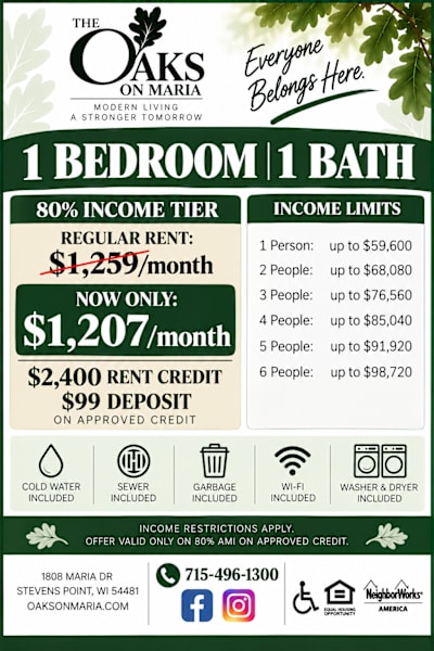 A flyer for The Oaks on Maria advertises a rent-to-own option.