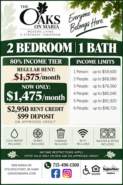 A flyer for The Oaks on Maria, a modern living community, advertises income-restricted apartments.
