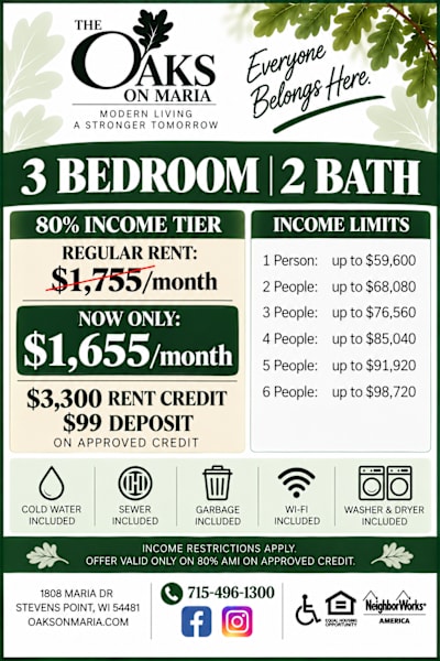 A poster advertises a 3 bedroom, 2 bath apartment at The Oaks on Maria, with income details and amenities included.
