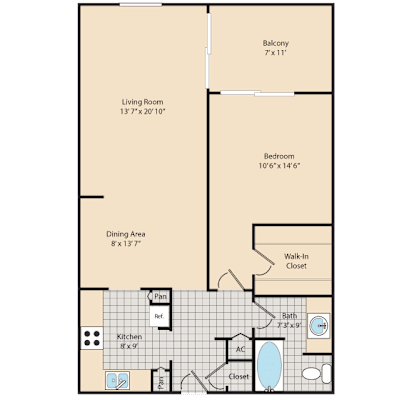 A floor plan of a house with a living room, dining area, kitchen, bathroom, and bedroom.