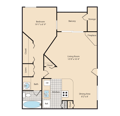A floor plan of a house with a bedroom, living room, kitchen, and bathroom.