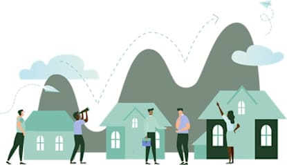 A group of people are standing in front of houses with mountains in the background.at Penny Green Apartments, St Neots, WINTRINGHAM, PE19 0AJ