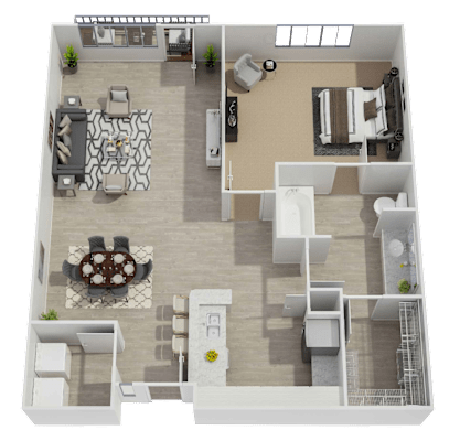 A 3D floor plan of a house with a living room, dining room, kitchen, and two bedrooms.