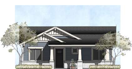 A drawing of a house with a black front door and white trim.