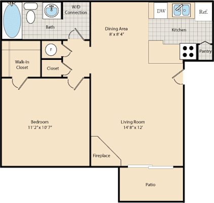 A floor plan of a house showing a bedroom, living room, kitchen, and bathroom.
