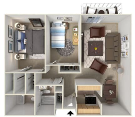 a stylized floor plan with bedrooms and a living room