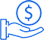 A blue pixelated hand holding a coin with a dollar sign on it.