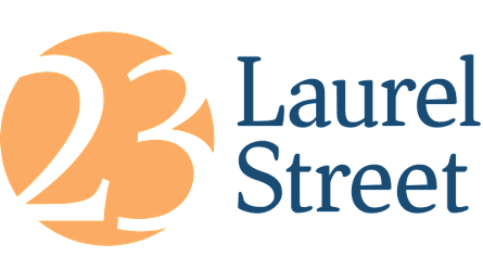 A logo with a basketball and the words "Laurel Street" in blue.