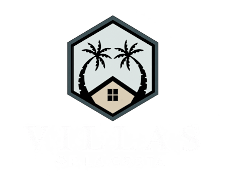 A logo with a house and palm trees in the center with the words Villa's of Lacosta below it.