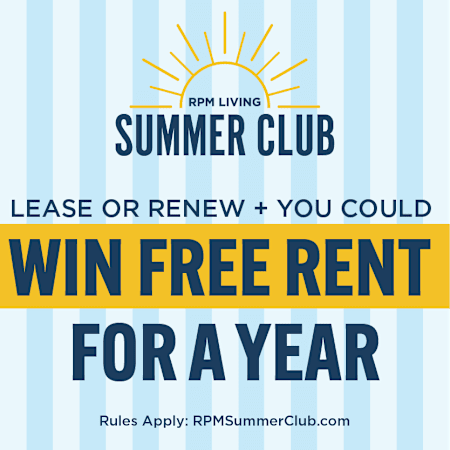 A promotional image offering a chance to win free rent for a year.