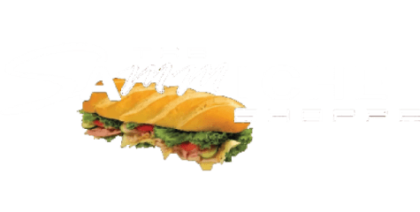 the sandwich shoppe logo with the sandwich shop on a black background