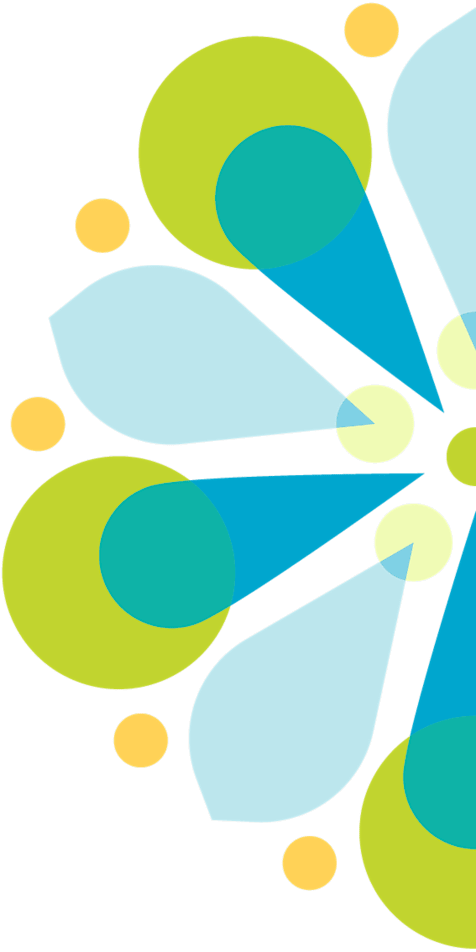 A graphic of a flower with blue and green petals and yellow dots.