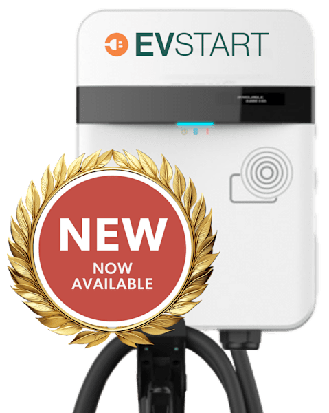 A white electric vehicle charging station with a red badge that says "NEW NOW AVAILABLE" and a gold laurel wreath.