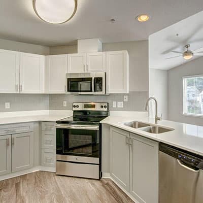 Clock Tower Village kitchen area with stainless steel appliances