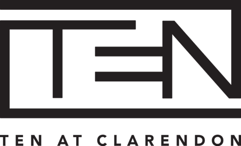 A black and white image with the words "TEN AT CLARENDON" written on it.