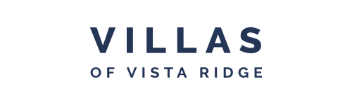 a white and blue logo with the words villages of vista ridge