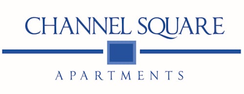 Channel square apartments logo with blue background.