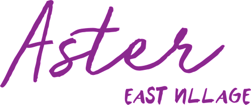 Aster East Village logo with purple text on a black background.