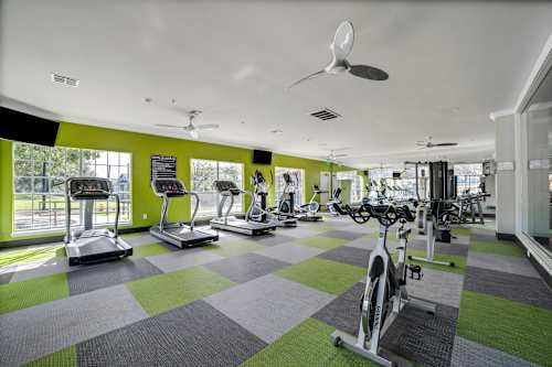 A gym with a green and grey floor, a fan on the ceiling, and exercise equipment including treadmills and stationary bikes.