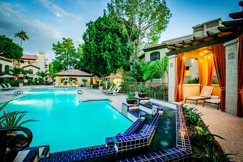 a large swimming pool with palm trees in a house