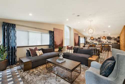 A modern living room with a grey sofa, a coffee table, and a rug.
