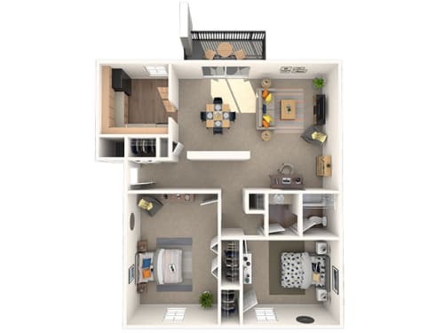 a stylized floor plan with bedrooms and a living room