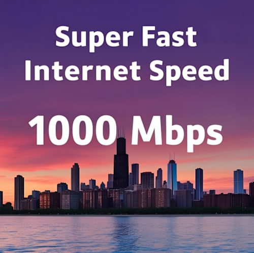 A city skyline at sunset with text overlay about internet speed.