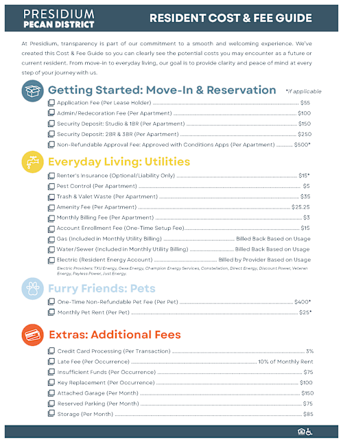 A guide detailing the cost of living at Presidium Pecan District, including move-in, utilities, pets, and extras.