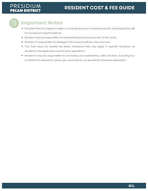 A document titled "PRESIDIUM PECAN DISTRICT RESIDENT COST & FEE GUIDE" with a list of important notes regarding resident costs and fees.