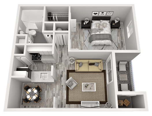 A floor plan of a house with a bedroom, living room, kitchen, and bathroom.
