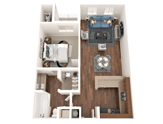 A floor plan of a house showing a bedroom, living room, kitchen, and bathroom.