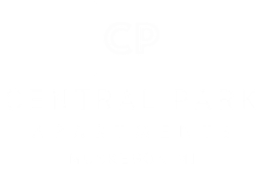A black and white image of a logo for Central Park Apartments in Muskegon, MI.