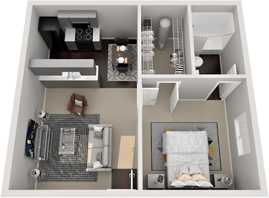 A floor plan of a house with a bedroom, living room, kitchen, and bathroom.