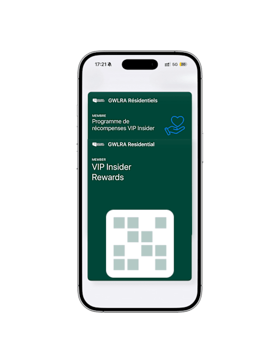 A smartphone screen displays a VIP insider rewards program for GWLRA Residential.