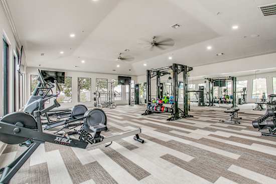 A gym with a variety of equipment including a rowing machine.