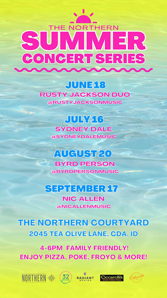 A poster advertises the Northern Summer Concert Series with dates and performers listed.