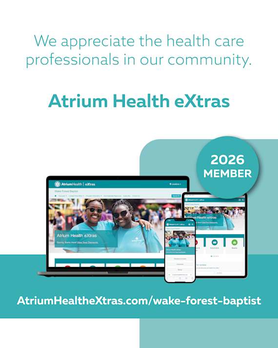 An advertisement for Atrium Health eXtras, a health care platform, is displayed on various devices.