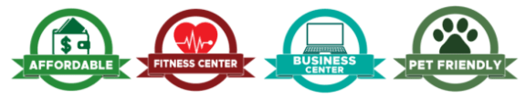 a set of logos for a business center, fitness center, and pet friendly