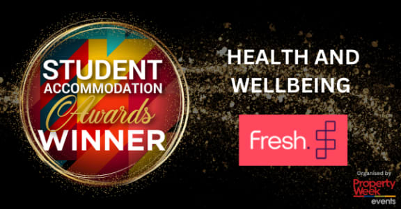an awards logo with the words student accommodation and health and wellbeing winner and a logos of