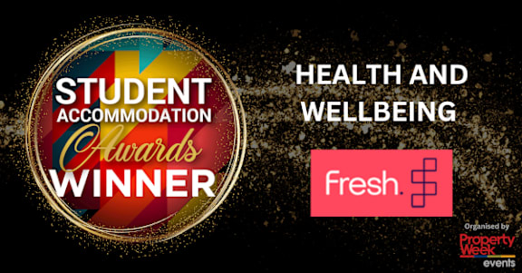 an awards logo with the words student accommodation and health and wellbeing winner and a logos of