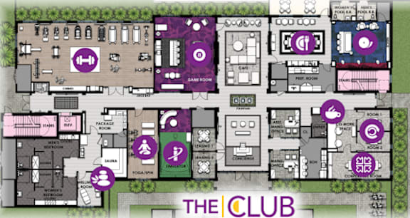 A floor plan of a club with various rooms and facilities labeled
