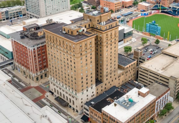 an aerial view of the Commodore Perry building in downtown